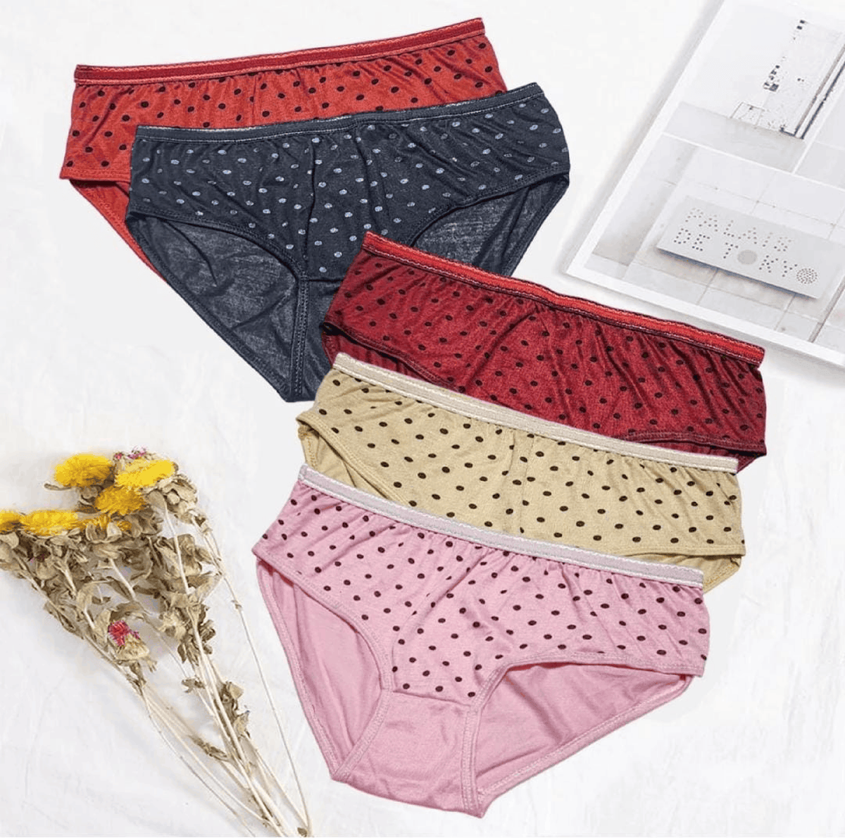 Original photograph of five dotted briefs in assorted colors